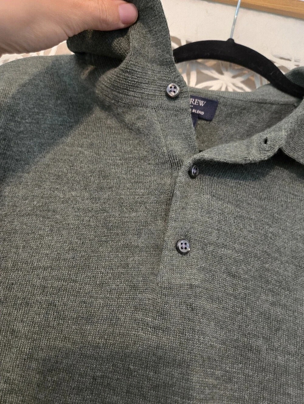 J. Crew Olive Green Merino Wool Blend Long-Sleeve Polo Sweater Size Large